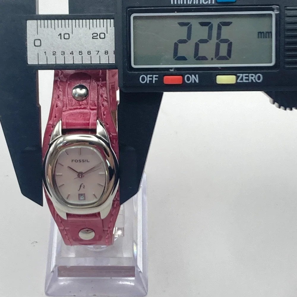 Fossil F2 Women's Watch 23mm Silver Tone Date Pink Leather Cuff MOP New Battery